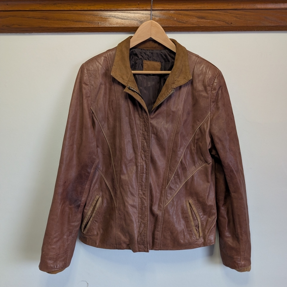 Vintage Womens Size 50 Leather Jacket Bomber Boho Classic Brown Zip Up